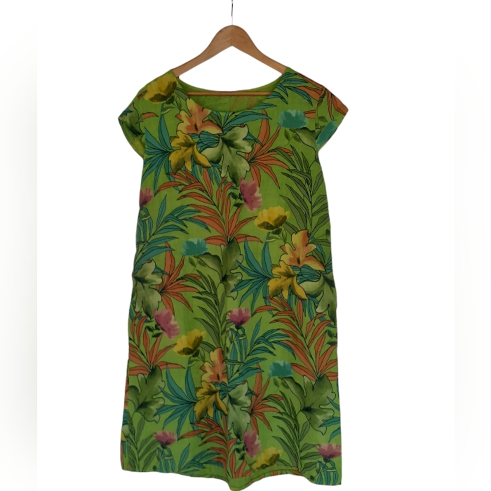 Beyond Capri Women's One Size Italian Made 100% Linen Floral Print Dress